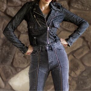 Ralph Lauren Moto Jean Jacket in Distressed Black Denim w/ Zipper Pockets XS